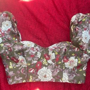 Forever 21 Floral Bustier Crop Top Puff Sleeve Green Red White M